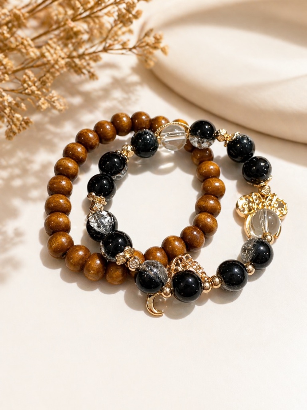 Elegant Black and Brown Beaded Stretch Bracelet Set